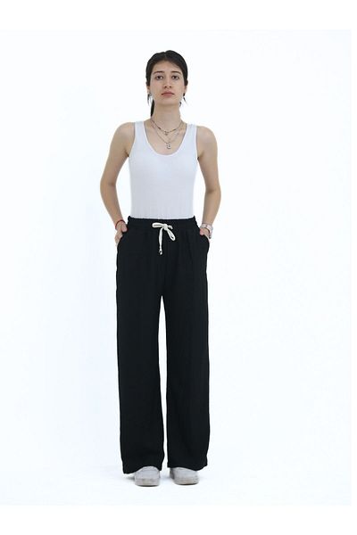 fh fashionhere Women's Sofia Linen Fabric Striped High Waist Wide Leg Relaxed Fit Lace-Up Elastic Waist Casual Pants