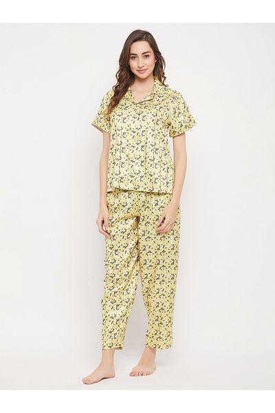 Clovia By Styli Floral Print Button Down Satin Shirt and Pyjama Set