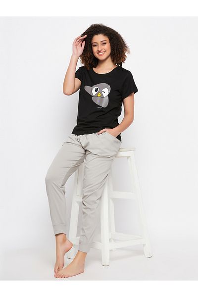 Clovia By Styli Cotton Penguin Graphic Print T-Shirt and Solid Jogger Set