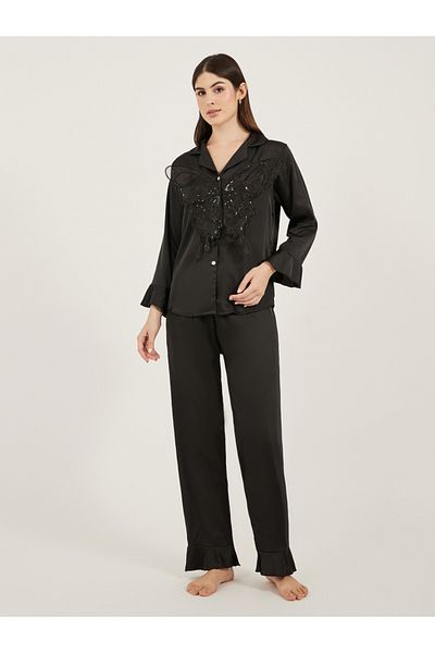 Styli Satin Pajama Set with Butterfly Detail