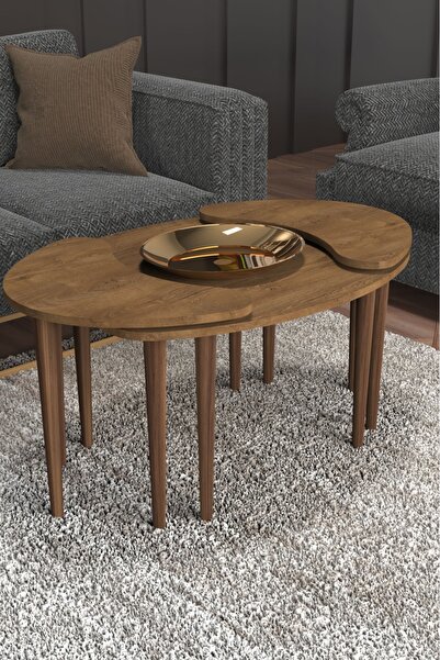 ema Ahşap Desenli Mdf Orta Sehpa - 3lü Sehpa - Zigon Sehpa