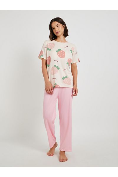 Styli 3-Piece Strawberry Printed Short Sleeve T-Shirt, Solid Shorts and Pyjama Set