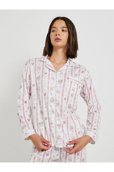 Styli Cat Printed Long Sleeve Shirt and Pyjama Set
