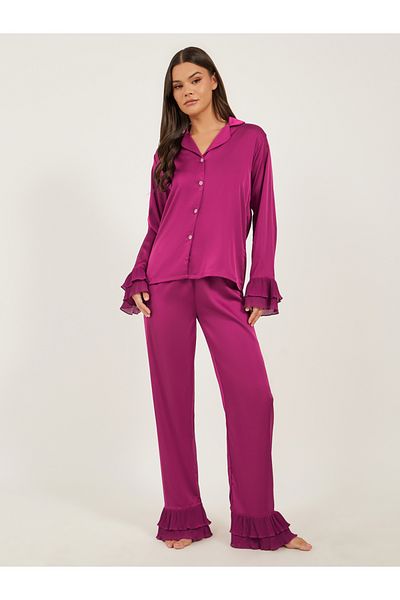 Styli Solid Satin Pajama Set with Pleated Details