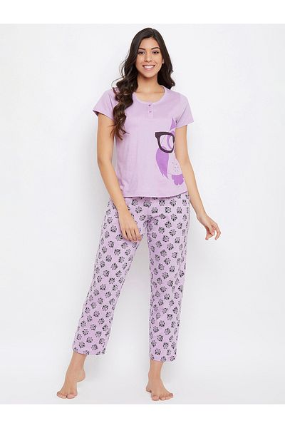 Clovia By Styli Owl Graphic Print Cotton T-Shirt and Pyjama Set