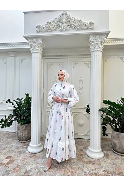 Afili butik Judge Collar Belt Flower Patterned Cotton Terry Cotton Dress - La...