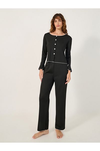 Styli Solid Long Sleeve Button Front Pajama Set
