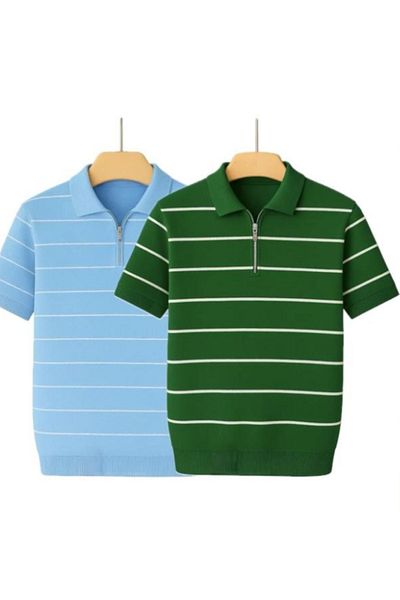 LC Waikiki 2 Pack Premium Quality Style New Model Knitwear Men's Striped Zippered Summer Flexible T-Shirt.