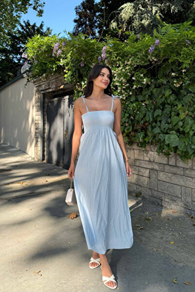 oshebu Bebe Mavi – Pamuklu Uzun Yazlık Kadın Elbise – Omuzdan Bağlamalı Askılı Büzgülü Astarsız