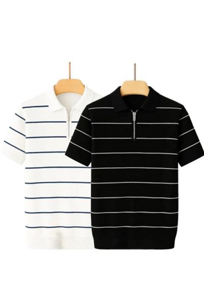 LC Waikiki 2 Pack Premium Quality Style New Model Knitwear Men's Striped Zippered Summer Flexible T-Shirt.