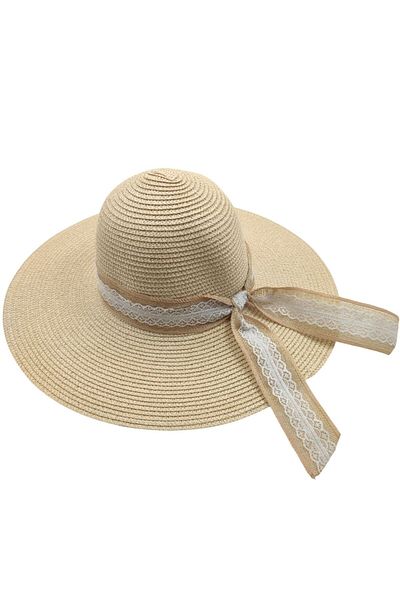 AXE SPORTSWEAR Women's Beige Color Bow Lace Detailed Straw Beach Hat Beach Hat