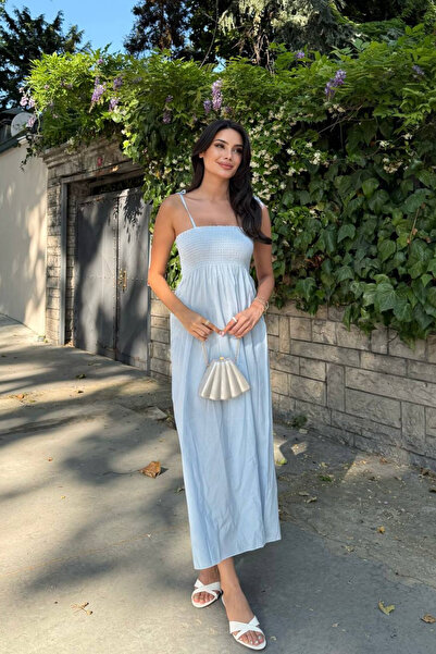 oshebu Bebe Mavi – Pamuklu Uzun Yazlık Kadın Elbise – Omuzdan Bağlamalı Askılı Büzgülü Astarsız