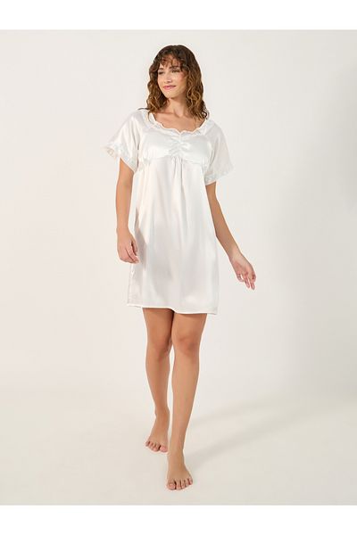Styli Satin Lace Trim Gathered Detail Night Dress
