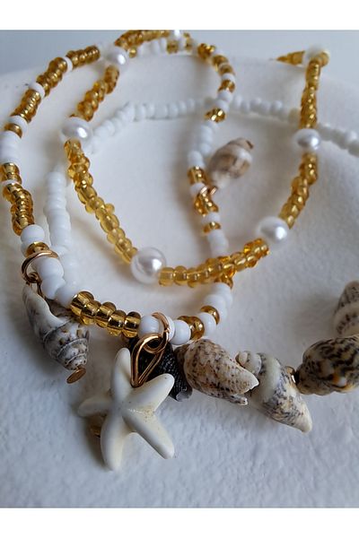 BHR AKSESUAR Beaded Triple Starfish and Seashell Anklet