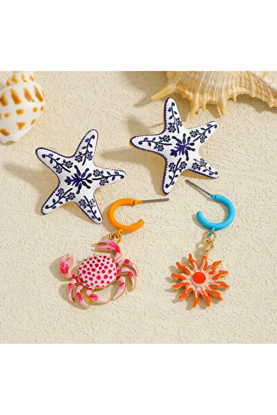 NISHPOINT مجموعة أقراط بلو مارين ستار ريد كراب وشمس مكونة من 4 قطع