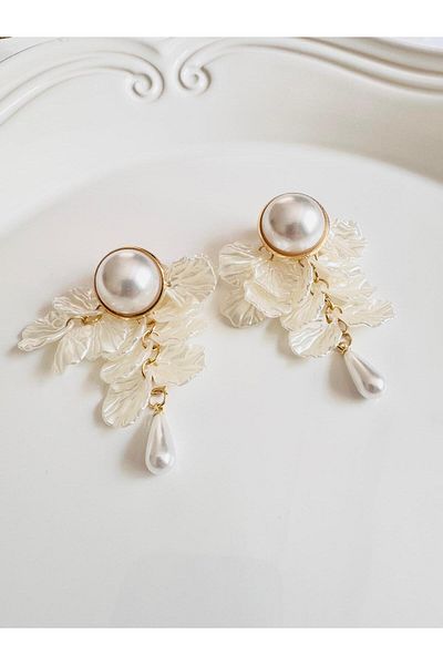 DEVİ fashion Pearl Leaf Big Earrings 5 cm