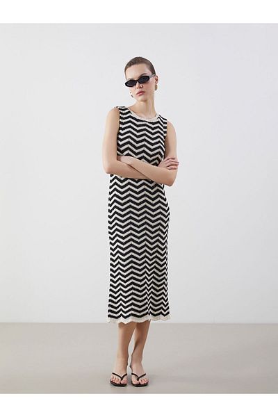 LC Waikiki Ecru Crew Neck Patterned Women's Knitwear Dress