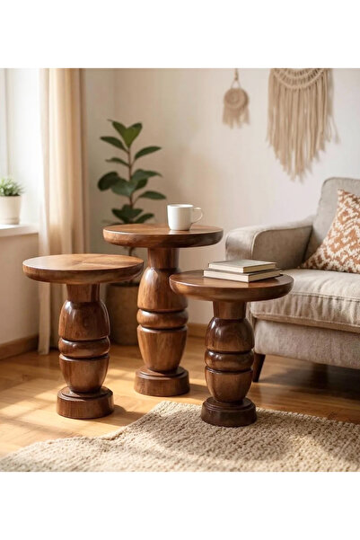 ASELYA HOME Doğal Ahşap 3’lü Set Mantar Yan Sehpa Modern Fiskos Zigon Çiçeklik