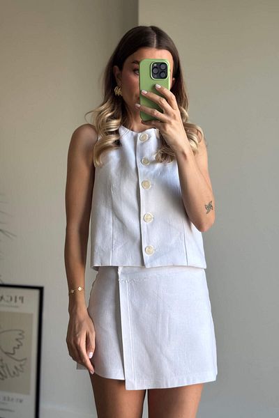 Sue Store Set de fuste cu pantaloni scurți din in cu nasturi albi
