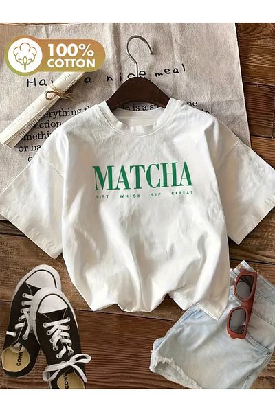 AEMİ Γυναικείο μπλουζάκι με στάμπα Matcha Oversize Crew Neck