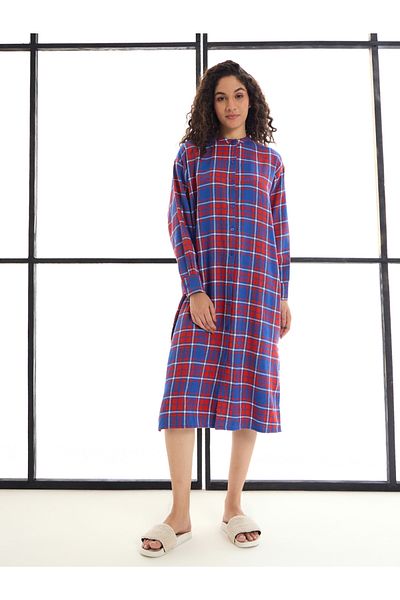 Sassafras By Styli Checked Mandarin Collar Longline Shirt Dress