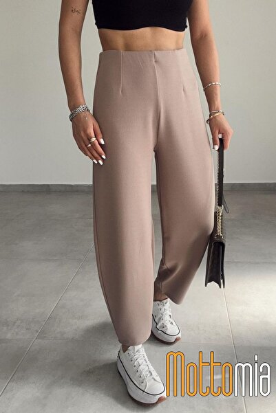 mottomia Kadın Yüksek Bel Krep Kumaş Likralı Kemersiz Balon Paça Pantolon – Ofis ve Günlük Rahat Kesim