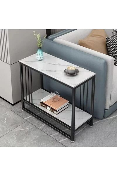 Generic White and black marble wood and metal side table - 60x28x55 cm