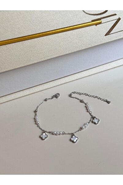 lerosy co. Silver Color Women's Anklet with Pearl Beaded White Flower Figure