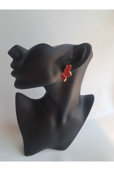 BHR AKSESUAR Red Pearlescent Crown Leaf Earrings