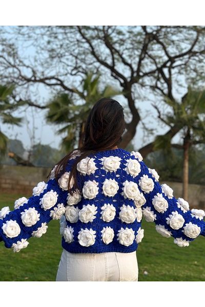 Melonndesign Women's Blue Cardigan with Rose Motif