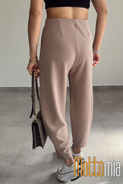 mottomia Kadın Yüksek Bel Krep Kumaş Likralı Kemersiz Balon Paça Pantolon – Ofis ve Günlük Rahat Kesim