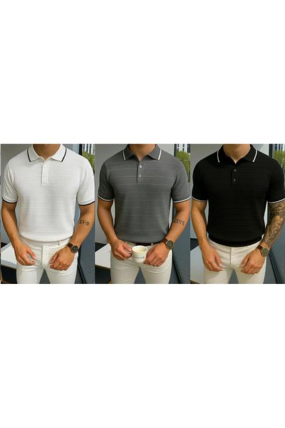 LC Waikiki 3-Piece Polo Neck Button Line Embossed Short Sleeve Summer Men's Knitwear T-Shirt