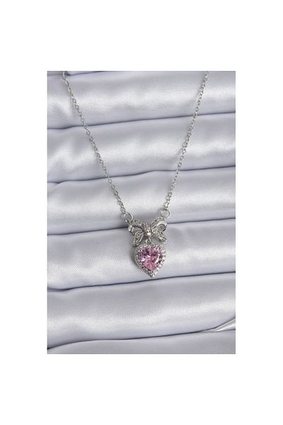 Skygo 316L Steel Silver Color Chain Pink Crystal Heart Zircon Stone Ribbon Model Women's Necklace - TJ-BKO7746