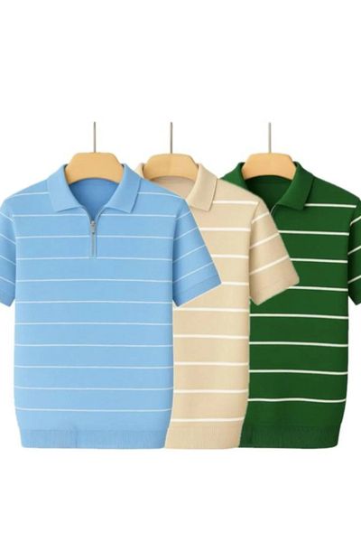 LC Waikiki 3-Piece Premium Quality Style New Model Knitwear Men's Striped Zippered Summer Flexible T-Shirt.