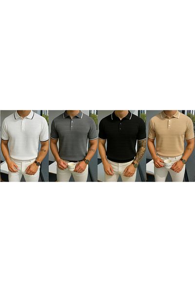 LC Waikiki تي شيرت صيفي بأكمام قصيرة وياقة بولو وأزرار وخطوط منقوشة للرجال مكون من 4 قطع
