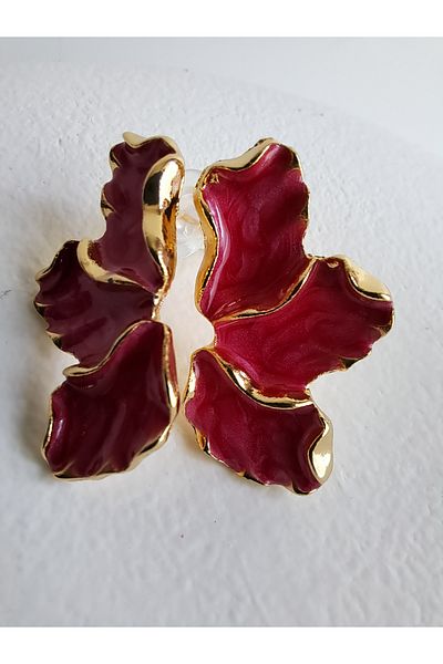 BHR AKSESUAR Red Pearlescent Crown Leaf Earrings