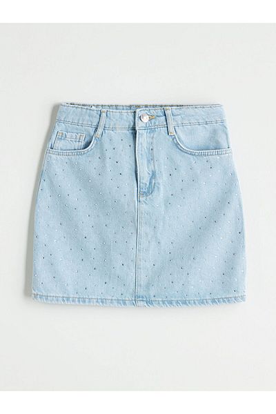 LC Waikiki Black Girl's Jean Skirt with Adjustable Waist and Elastic Stone
