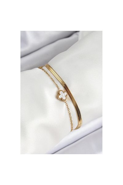 Skygo 316L Steel Gold Color Black and White Clover Italian Chain 2-Piece Women's Bracelet - Tj-Bb7082