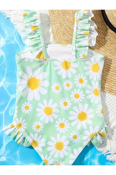 darko Green Yellow Daisy Swimsuit Floral Girl's Swimsuit Baby Girl Daisy Daisy Patterned Ruffles