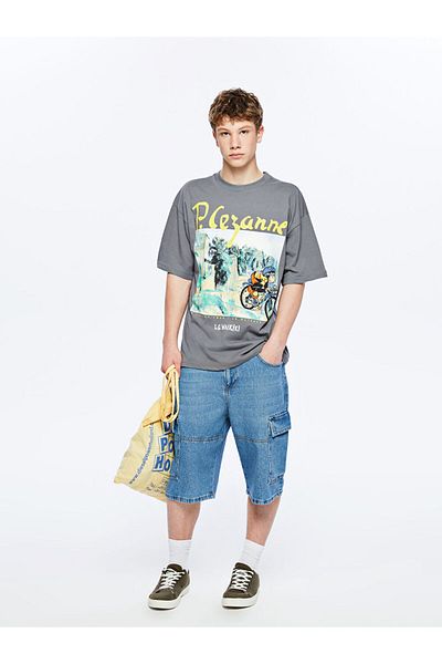 LC Waikiki Gray Crew Neck Cezanne Printed Young Men's T-Shirt