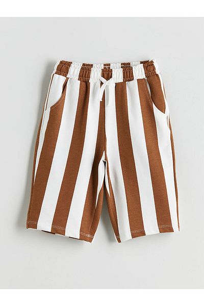 LC Waikiki Brown Striped Boy's Shorts with Elastic Waist