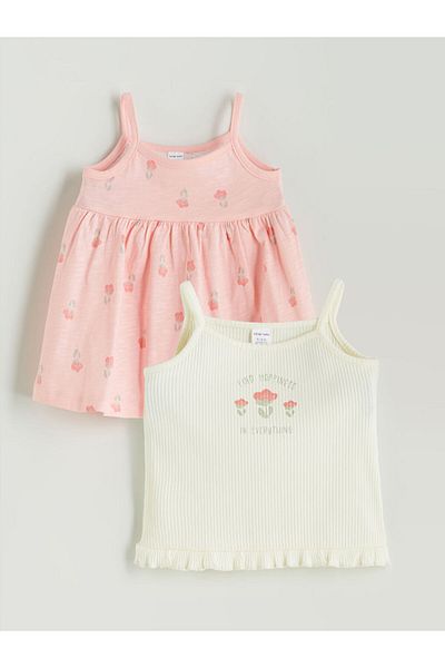 LC Waikiki Ecru Square Collar Strap Floral Baby Girl T-Shirt Set of 2