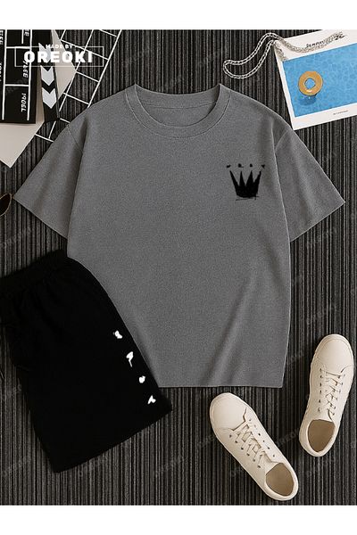 EFFRENATU Small King \ Queen Printed Cotton Unisex Gray T-Shirt-Black Shorts Set