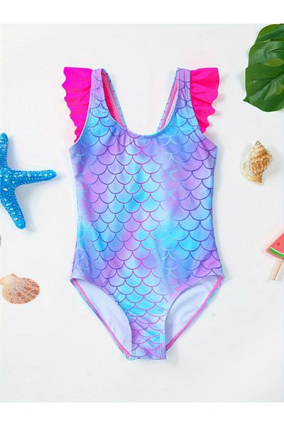 darko Mermaid Purple Pink Children's Swimsuit Fish Scale Patterned Fish Scale Mermaid Swimsuit