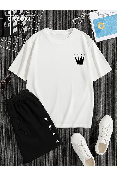 EFFRENATU Small King \ Queen Printed Cotton Unisex White T-Shirt-Black Shorts Set