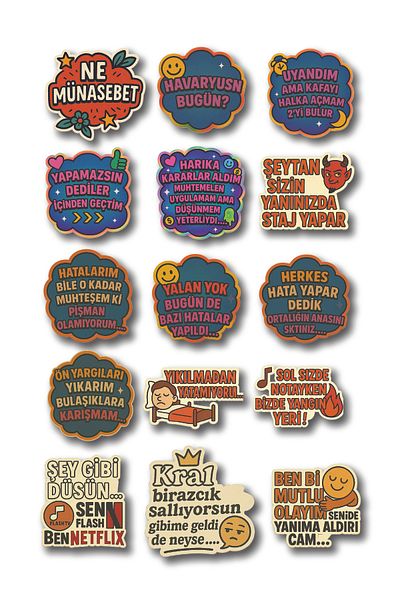 cakaybu Turkish Humorous Sayings Sticker Set – 15 Colorful Motivational Sticker Sheets