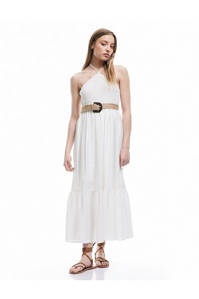 Koton New Season Belt Detail A-Line Halter Neck Viscose Long Halter Neck Dress