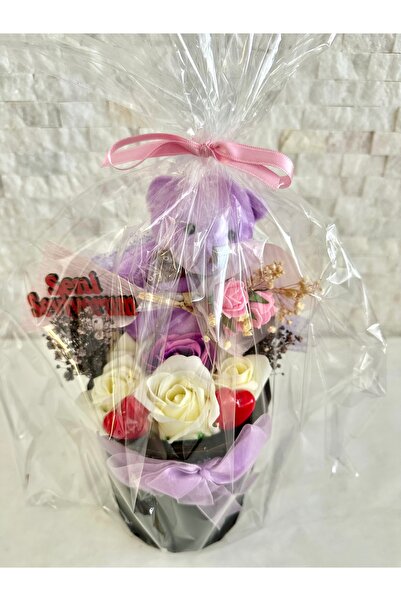 Luvi Handmade Ayıcıklı Hediye Poşeti Gül Yapay