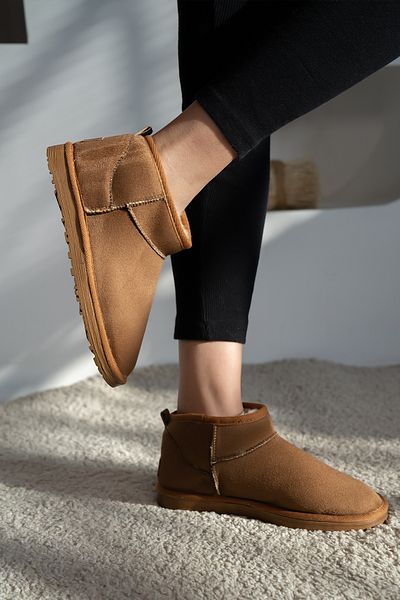 Blyss Women's Tan Suede Ultra Mini Boots with Fur Inside Winter Sole Model Boots & Bootie