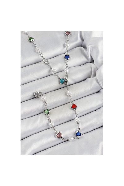 Skygo Brass Silver Color Pearl Zircon Stone Heart Y Women's Necklace - Tj-Bko10298